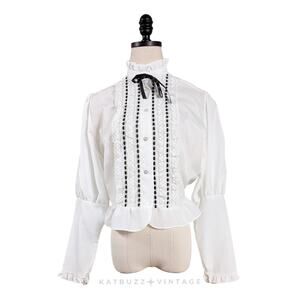 Vintage Button Up Top Blouse M White 70s Victorian Ruffle School Bow Coquette
